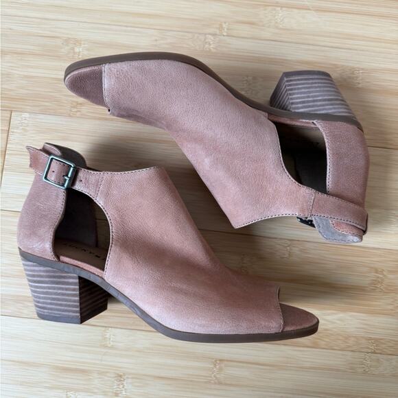 LUCKY BRAND WOMENS BARIMO PEEP TOE BOOTIES TAN LEATHER BLOCK HEEL 7.5 - Picture 2 of 10